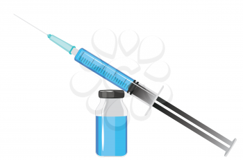 Medical syringe and vial, vaccination, injection, infection prevention illustration.
