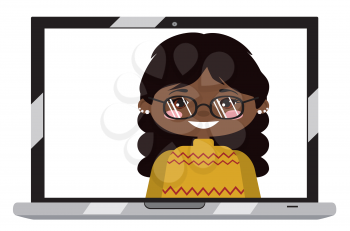 Cartoon afro american girl on laptop screen, chatting online, distance technology concept.