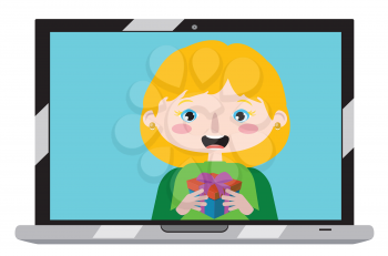 Cartoon blonde girl on laptop screen, chatting online, distance technology concept.