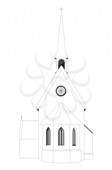 Ancient catholic church building black and white illustration.
