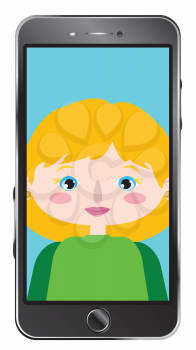 Cartoon caucasian girl on smartphone screen, chatting online, distance technology concept.