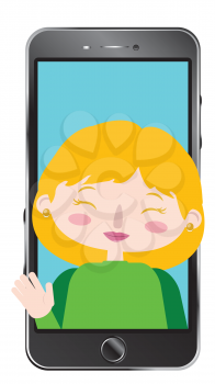 Cartoon caucasian girl on smartphone screen, chatting online, distance technology concept.