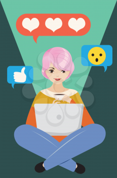 Cartoon girl work on a laptop, distant learning, work, or chatting online in social media, concept illustration.