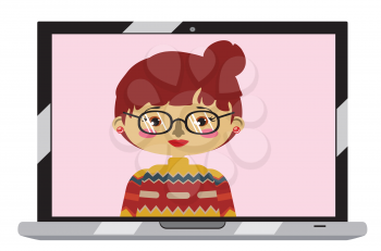 Cartoon asian girl on laptop screen, chatting online, distance technology concept.