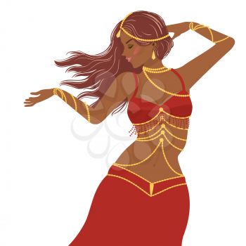 Cartoon belly dancer woman in red dress on white background illustration.