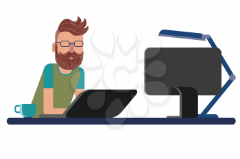 Cartoon man working at office desk, work from home concept.