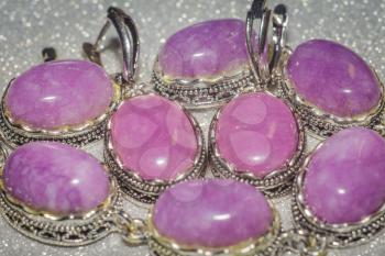 Vintage silver jewelry with purple pink stone, kunzite, agate or quartz.