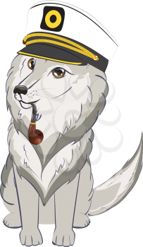 Cute cartoon wolf in captain cap with smoke pipe.