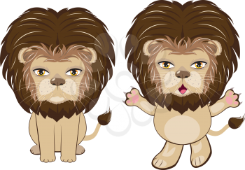 Cute cartoon lion in a sitting pose illustration on white background.