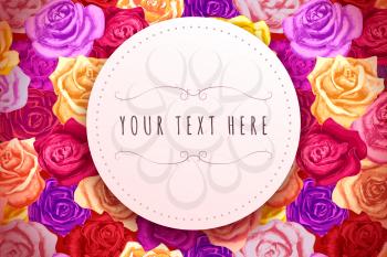 A lot of beautiful bright colorful rosebuds with round place for text, lovely horizontal banner template