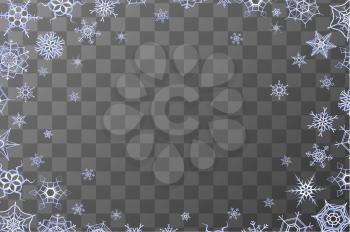 Frozen frame with lots of blue snowflakes on transparent background