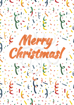 Merry Christmas card cover with exploding party popper, colorful serpentine and confetti on background
