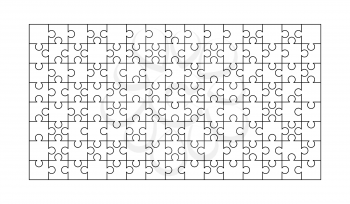 120 white puzzles pieces arranged in a rectangle shape. Jigsaw Puzzle template ready for print. Cutting guidelines isolated on white