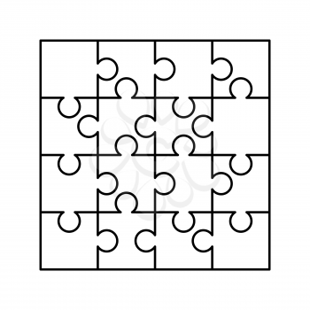 16 white puzzles pieces arranged in a square. Jigsaw Puzzle template ready for print. Cutting guidelines isolated on white