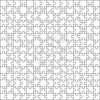 225 white puzzles pieces arranged in a square. Jigsaw Puzzle template ready for print. Cutting guidelines isolated on white