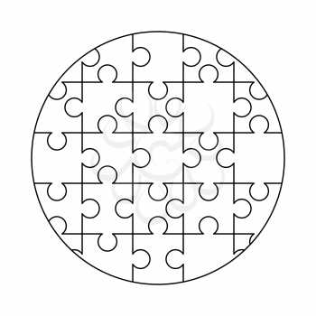 25 white puzzles pieces arranged in a round shape. Jigsaw Puzzle template ready for print. Cutting guidelines isolated on white