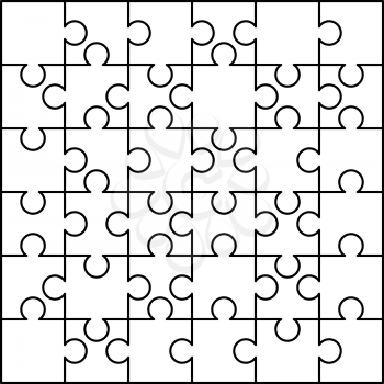 36 white puzzles pieces arranged in a square. Jigsaw Puzzle template ready for print. Cutting guidelines isolated on white