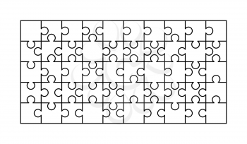 50 white puzzles pieces arranged in a rectangle shape. Jigsaw Puzzle template ready for print. Cutting guidelines isolated on white