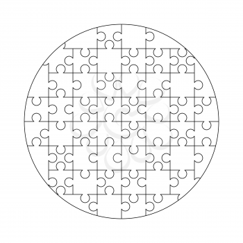 52 white puzzles pieces arranged in a round shape. Jigsaw Puzzle template ready for print. Cutting guidelines isolated on white
