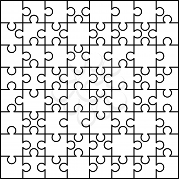 64 white puzzles pieces arranged in a square. Jigsaw Puzzle template ready for print. Cutting guidelines isolated on white