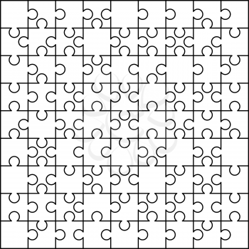 81 white puzzles pieces arranged in a square. Jigsaw Puzzle template ready for print. Cutting guidelines isolated on white