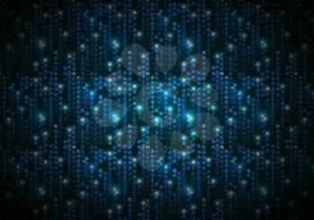 Abstract blue matrix symbols, digital binary code on dark, technology background a4 size