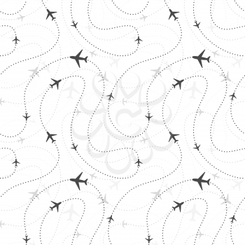 Airline routes with planes icons on white, seamless pattern