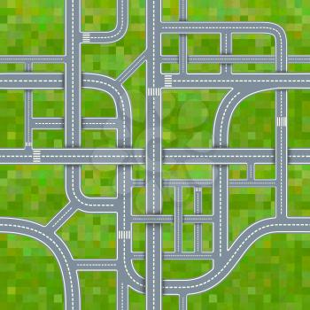 A lot of different road junctions on grass background, seamless pattern