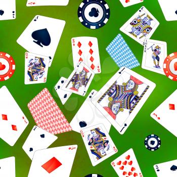 A lot of poker cards and casino chips on green background, seamless pattern