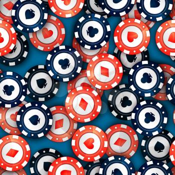 A lot of red and blue casino chips with cards signs on casino table, seamless pattern