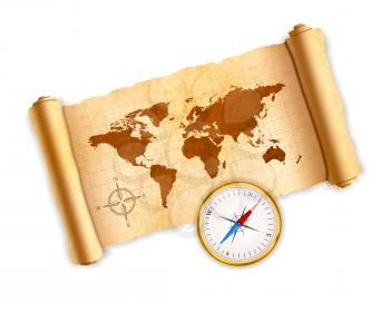 Ancient world map on old textured scroll with glossy compass isolated on white