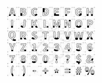 Architectural sketches of latin letters. Blueprint style font.
