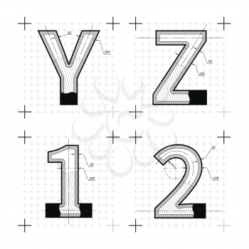 Architectural sketches of Y Z 1 2 letters. Blueprint style font on white.