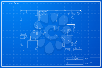 Architecture plan of flat with furniture in blueprint sketch style
