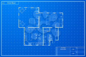 Architecture sketch of house with furniture in blueprint plan style