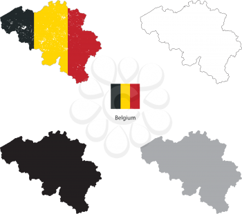 Belgium country black silhouette and with flag on background, isolated on white