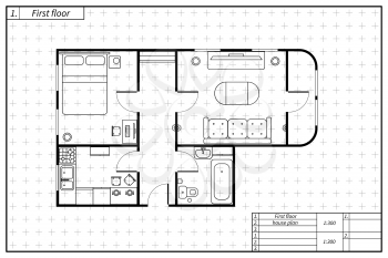 Black architecture plan of house with furniture in blueprint sketch style on white