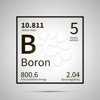 Boron chemical element with first ionization energy, atomic mass and electronegativity values ,simple black icon with shadow on gray