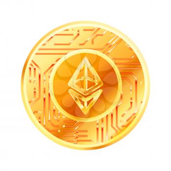 Bright golden coin with microchip pattern and Ethereum sign. Cryptocurrency concept isolated on white