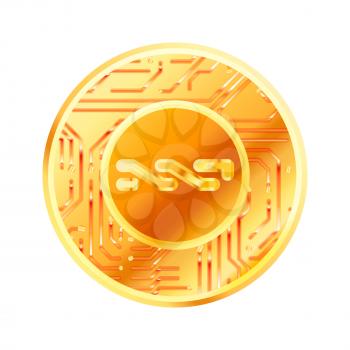 Bright golden coin with microchip pattern and NXT sign. Cryptocurrency concept isolated on white
