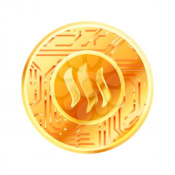 Bright golden coin with microchip pattern and Steemit sign. Cryptocurrency concept isolated on white