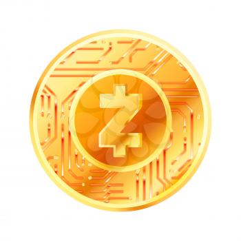 Bright golden coin with microchip pattern and Zcash sign. Cryptocurrency concept isolated on white
