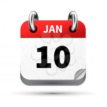 Bright realistic icon of calendar with 10 january date on white