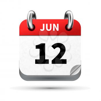 Bright realistic icon of calendar with 12 june date on white