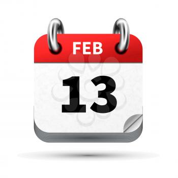 Bright realistic icon of calendar with 13 february date on white