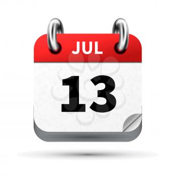 Bright realistic icon of calendar with 13 july date on white