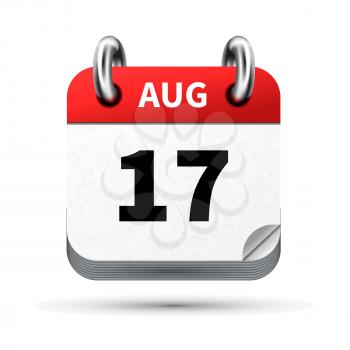 Bright realistic icon of calendar with 17 august date on white