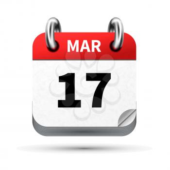 Bright realistic icon of calendar with 17 march date on white