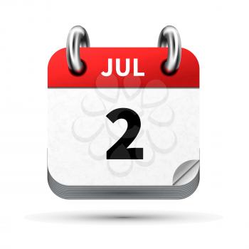 Bright realistic icon of calendar with 2 july date on white