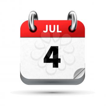 Bright realistic icon of calendar with 4 july date on white